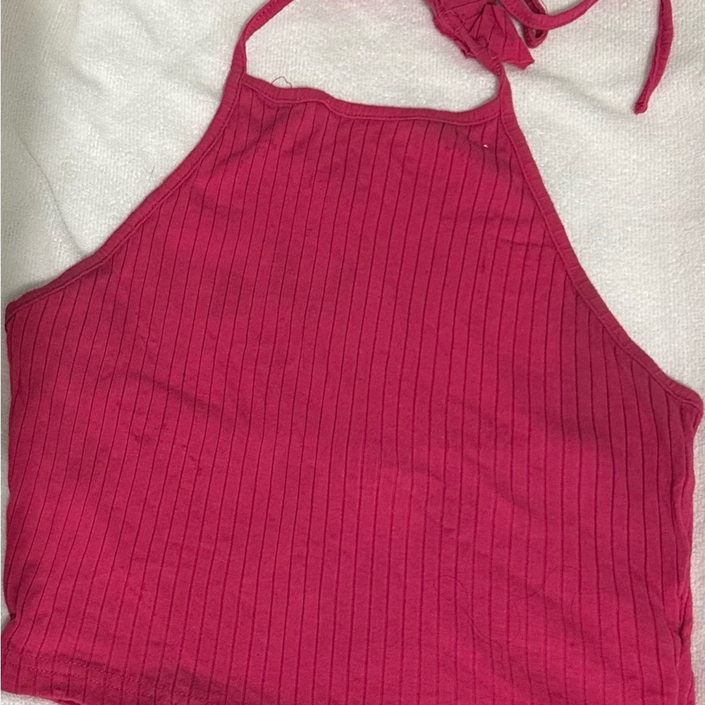 Vibrant Pink Ribbed Crop Top with Halter Neck